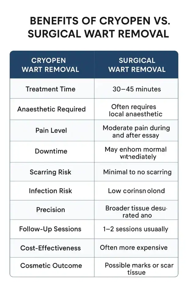 Table showing the benefits of cryopen to remove warts Stoulton compared to surgical treatment